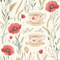Elegant seamless pattern with the beautiful red poppy, tea cups, wheats and tiny leaves	