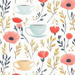 Elegant seamless pattern with the beautiful red poppy, tea cups, wheats and tiny leaves	