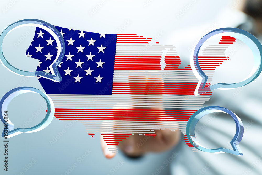 Poster abstract image of usa map with chat bubbles. concept for communication, network, or social media.
