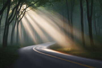 Obraz premium driving through the road and sun rays in the forest