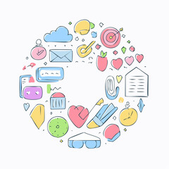 Vector set of stickers, scribbles and doodles in simple linear hand drawn style with copy space, minimal monoline design elements for posters, social media, print, banners.