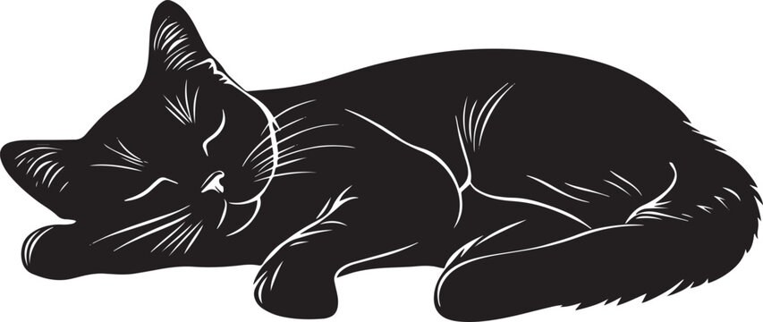 Resting Cat Silhouette A cat curled up peacefully, lying on its side, full-length black silhouette vector illustration.