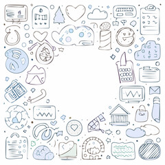 Vector set of stickers, scribbles and doodles in simple linear hand drawn style with copy space, minimal monoline design elements for posters, social media, print, banners.