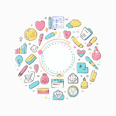 Vector set of stickers, scribbles and doodles in simple linear hand drawn style with copy space, minimal monoline design elements for posters, social media, print, banners.