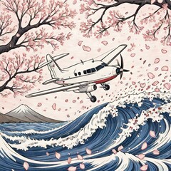 桜と海と飛行機と