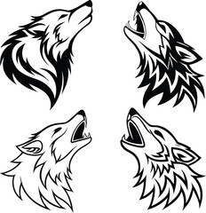 Four stylized howling wolf heads in black and white