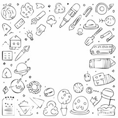 Vector set of stickers, scribbles and doodles in simple linear hand drawn style with copy space, minimal monoline design elements for posters, social media, print, banners.