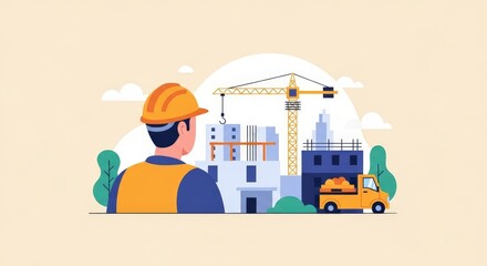 Construction Worker Overseeing Modern Building Project Crane, Truck, and Building Under Construction
