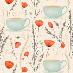 Elegant seamless pattern with the beautiful red poppy, tea cups, wheats and tiny leaves	