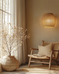 Cozy and modern living room with natural elements.