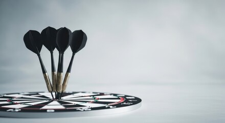 Darts hit bullseye on dartboard, symbolizing business success. Concept of hitting target, achievement, and strategic goal.