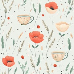 Elegant seamless pattern with the beautiful red poppy, tea cups, wheats and tiny leaves	