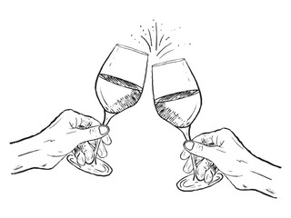 Hands holding glass of wine. Cheers concept. Happy birthday celebration in black brush stroke texture isolated on white. Hand drawn vector sketch illustration in vintage charcoal ink.