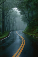 Obraz premium driving through the forest road in the fog