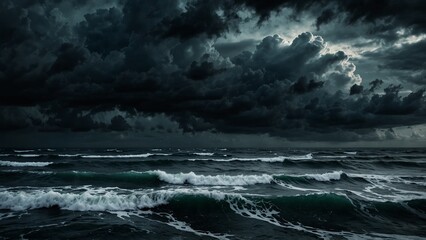 Fototapeta premium A dark and dramatic ocean scene with waves and clouds. Wide view of the ocean, with the sky covered with stormy clouds for an epic background or wallpaper .