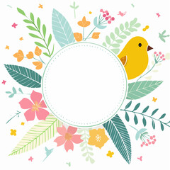 Png in simple flat geometric and linear style in bright colors - with decorative flowers, leaves and bird with copy space for text - design for wedding