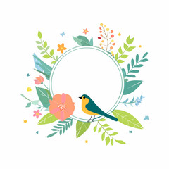 Png in simple flat geometric and linear style in bright colors - with decorative flowers, leaves and bird with copy space for text - design for wedding