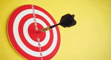 A dart hitting bullseye on a red and white dartboard with numbers. Concept of target success and ambition for business.