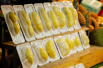Thai Durian fruit packaged on market shelves