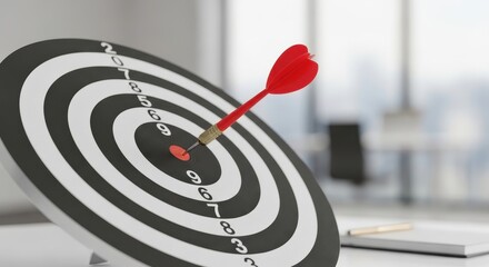 Red dart in target bullseye. Success concept with precision and aiming for goal. Business strategy and achievement visualization.