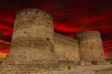 Dramatic Sunset over Ancient Stone Fortress – Majestic Sky and Historic Architecture

