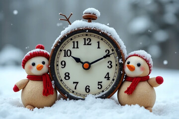 Charming Snowmen with Clock Surrounded by Snowy Winter Wonderland
Keywords: