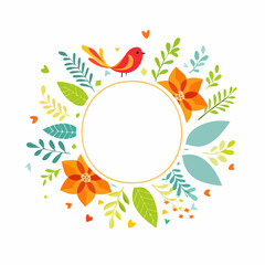 Png in simple flat geometric and linear style in bright colors - with decorative flowers, leaves and bird with copy space for text - design for wedding