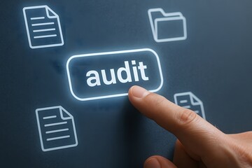 A touch interface for audit, a close-up shot of a finger interacting with a digital display. Depicting the concept of examining or verifying financial records.