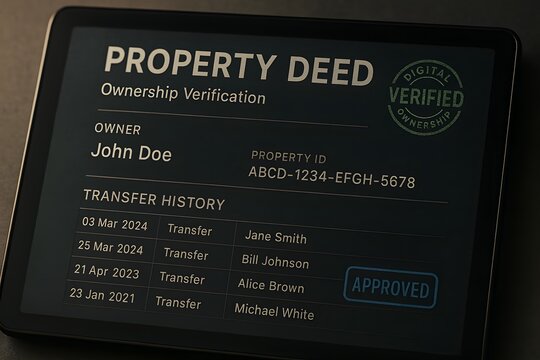 Digital property deed on a tablet screen showcasing ownership verification and transfer history, a representation of the digital age and secure property transactions.