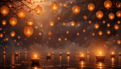 Serene Floating Lanterns and Candles on Water with Misty Background