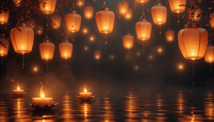 Serene Floating Lanterns and Candles on Water with Misty Background