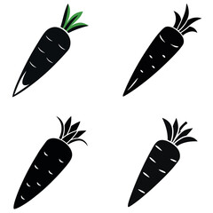 Carrots Black Carrot Vegetable Silhouettes with Green Tops and White Background Displayed in a Grid