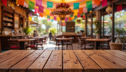 Empty Rustic Wooden Table in Cozy Outdoor Café Setting