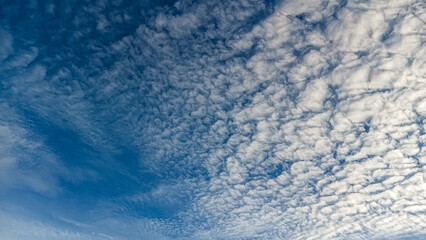 A sky filled with altocumulus clouds forming a textured, wavy pattern over a clear blue background.