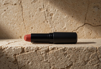 Elegant Lipstick on Textured Surface with Warm Natural Lighting