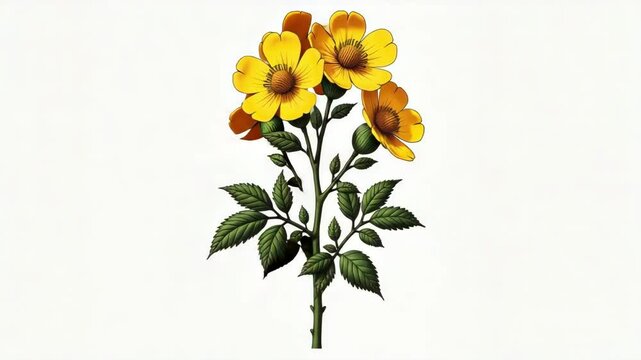 3D looped animation of yellow Rosa canina plant rotating in place on white. Delicate movement of petals and leaves. Great for herbal, floral, and botanical visuals.