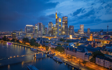 Aerial night view of the city of Frankfurt am main in Germany