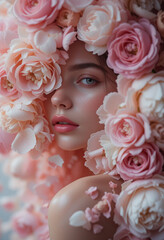 Enchanting Portrait of a Woman Surrounded by Soft Pink Roses