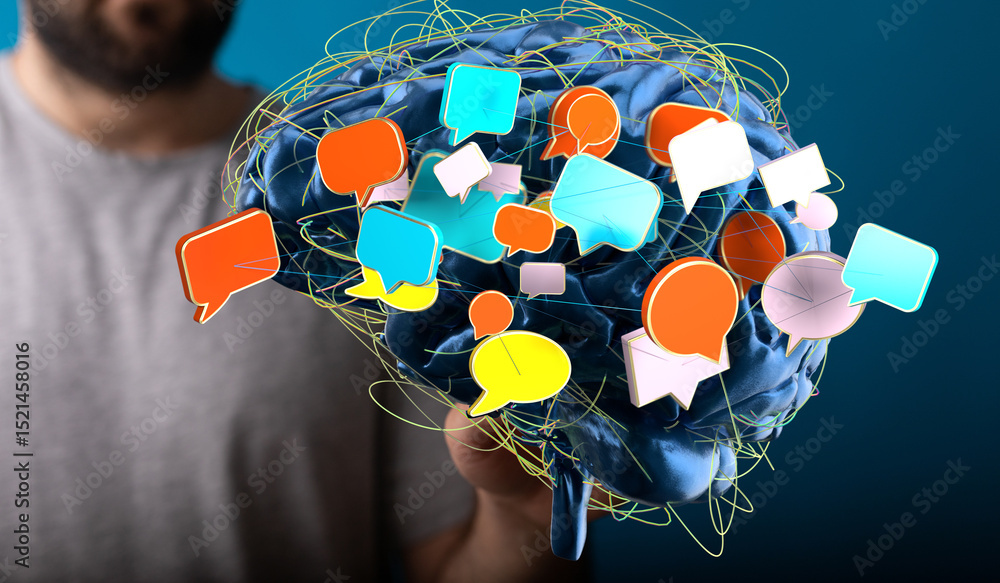 Poster abstract image of a brain with colorful speech bubbles, symbolizing communication and mental process
