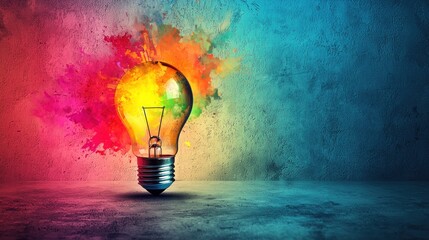 A vibrant light bulb with colorful splashes of paint on a textured, colorful background.