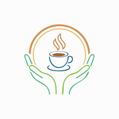 Vector abstract logo design template in trendy linear minimal style - hands with coffee cup - emblem and badge for coffee shops and cafes