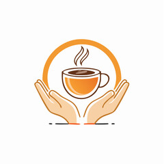 Vector abstract logo design template in trendy linear minimal style - hands with coffee cup - emblem and badge for coffee shops and cafes