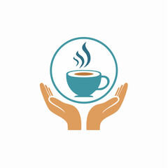 Vector abstract logo design template in trendy linear minimal style - hands with coffee cup - emblem and badge for coffee shops and cafes