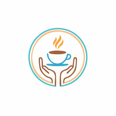 Vector abstract logo design template in trendy linear minimal style - hands with coffee cup - emblem and badge for coffee shops and cafes