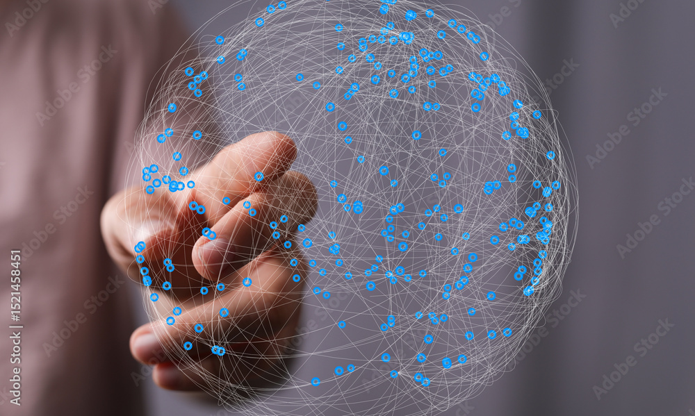Aufkleber Abstract image of a hand interacting with a digital network sphere, representing global connectivity and data.