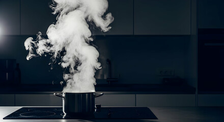 Steaming Pot On A Stove In A Dark Kitchen Interior Setting