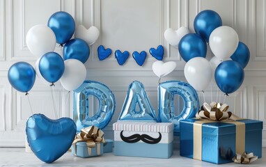 Celebratory decorations featuring blue balloons and gifts for Father's Day celebration in a modern indoor setting