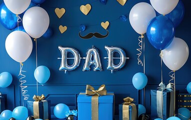 Celebration decor for a father with blue and gold balloons and gift boxes