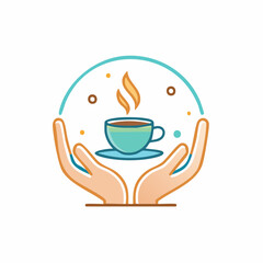 Vector abstract logo design template in trendy linear minimal style - hands with coffee cup - emblem and badge for coffee shops and cafes