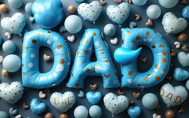Colorful birthday celebration with blue and gold decorations for dad featuring balloons and hearts